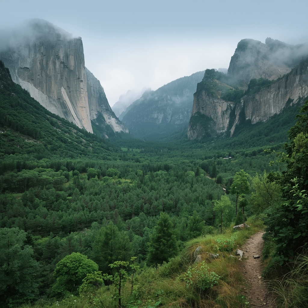 A lush green forest valley nestled between towering mountain ridges, misty atmosphere, hiking trail visible, 8k resolution, photorealistic, no humans, no woman